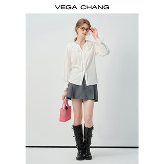Vega chang long-sleeved shirt for women 2026 new spring french lotus leaf collar lace splicing lantern sleeve top fashion gray (skirt) m