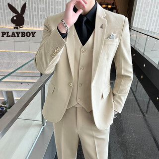 Playboy (playboy) suit suit men's casual business formal jacket korean style slim groomsmen groom wedding dress suit three-piece apricot suit + vest + pants + white shirt m (98~108jin jin equals 0.5 kg)