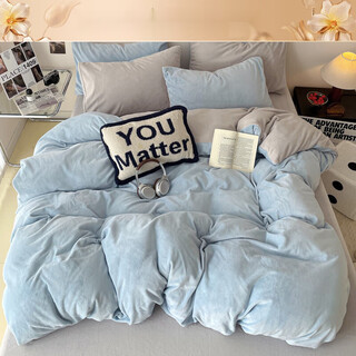 Mercury series home textiles 2025 new baby milk velvet flannel bed four-piece set coral velvet double-sided velvet baby blue + light gray 1.2m bed sheet three-piece quilt cover 150x200