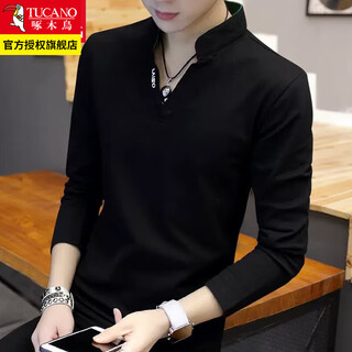 Woodpecker long-sleeved t-shirt men's spring and autumn sweatshirt solid color slim v-neck trendy inner wear bottoming shirt t02 black regular xl
