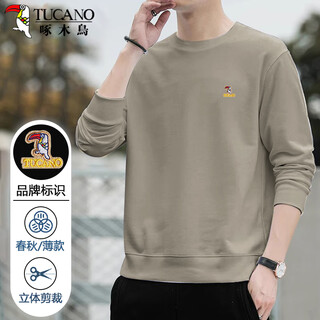 Woodpecker (tucano) sweatshirt men's solid color fashionable casual classic round neck versatile long-sleeved t-shirt top men's khaki xl