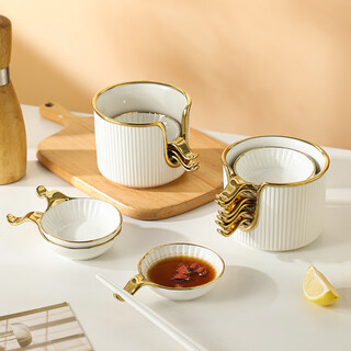 Wuji ceramic chopstick holder holder for dipping saucers for home use in hotels and restaurants, high-end chopstick holder, chopstick pillow, gold-rimmed dipping saucer, chopstick holder, 6 dishes + storage jar, gold