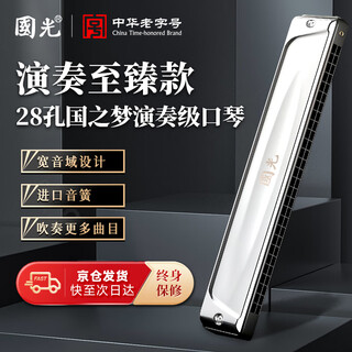 Guoguang 28-hole guozhimeng performance-grade polyphonic harmonica in c (silver, embedded, glasses case)