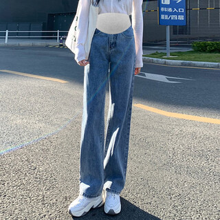 Skonwat maternity pants high elastic jeans spring and autumn versatile belly support pants wide legs slimming trendy mom straight leg pants wear denim blue xl