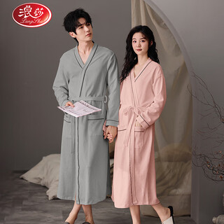 Langsha couple pajamas women's spring and autumn pure cotton long-sleeved lace-up pajamas men's 100% waffle cotton home clothes mid-length 24856 female m female + male l