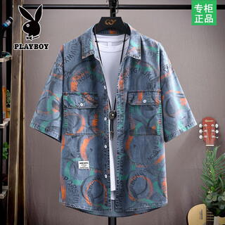 Playboy short-sleeved denim shirt men's summer american retro trendy shirt men's loose washed three-quarter sleeve mid-sleeve jacket men's 228b xl (about 120~135jin jin equals 0.5kg can be worn)