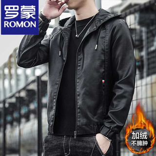 Romon hooded pu leather jacket men's spring and autumn thin new leather jacket winter motorcycle riding velvet top black lining velvet xl suitable for 120-135jin jin equals 0.5 kg