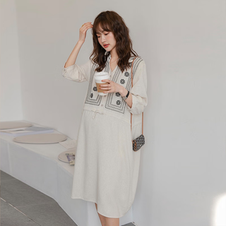 Maternity wear, spring and summer loose-fitting, breastfeeding-friendly cotton and linen dress shirt, v-neck, pure cotton, mid-length, knee-length, beige, one size fits all