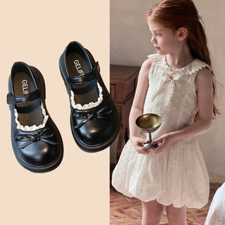 Yushang zhenpin girls' shoes lace edge bow leather shoes 2025 summer new soft sole mary jane children's fashionable princess shoes black size 34 inner length 20.8cm