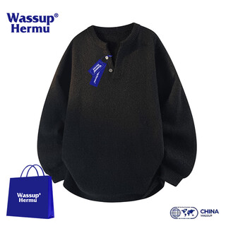 Wassup hermu official sweater men's autumn and winter retro atmosphere sweater niche design henry collar lazy top jacket black xl (recommended 140-160jin jin equals 0.5 kg)