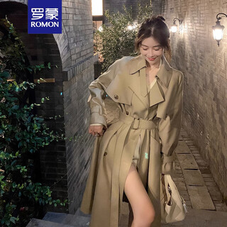 Romon autumn new high-end mid-length khaki windbreaker coat for women small british style drape casual coat khaki s -95-110jin jin is equal to 0.5 kg.