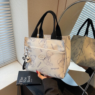 Queenjoy chinese valentine's day high-looking canvas handbag for students to go out, simple and versatile hand bag for work, portable lunch box, lunch bag, white