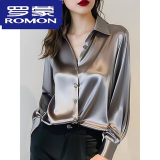 Romon 2025 spring and autumn new style gray acetate silk shirt women's long sleeve chic french silk professional shirt gray m