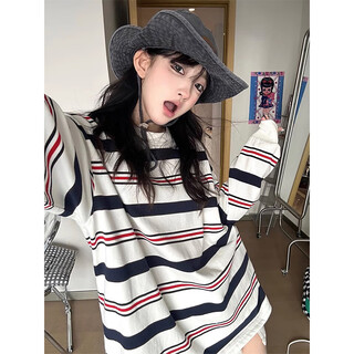 Zuoxu american high-end striped oversize sweatshirt for women, spring and autumn loose and lazy trendy brand long-sleeved t-shirt top picture color l (110-130jin jin equals 0.5 kg)