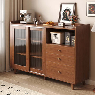 Konosu solid wood japanese sideboard against the wall integrated living room tea cabinet kitchen storage cabinet storage cabinet bucket cabinet storage cabinet recommended丨sliding door walnut color 100*36*93cm self-installation