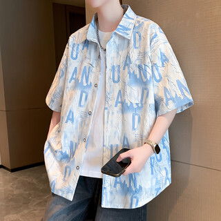 Bailedi summer boys thin short-sleeved shirt high school junior high school students teenagers big children ice silk half-sleeved shirt printed jacket 2504 blue (single shirt) high quality 160 m 80-100jin jin is equal to about 0.5 kg