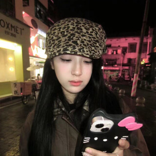 Shijanu new product japanese retro milk pattern leopard print forward hat for women with large head circumference and reverse beret to show the face of a little painter leopard print forward hat m (56-58cm)