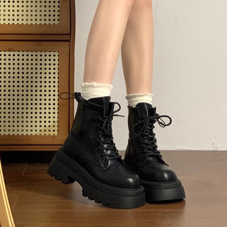 Bangboshi martin boots women's shoes women's autumn and winter new british style small thick sole heightening black versatile work boots british thick sole martin boots black 6cm 38