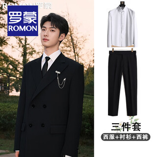 Romon men's suit suit double-breasted groom wedding dress business formal high-end banquet host suit for men black suit + shirt + pants xl 151-165jin jin equals 0.5 kg