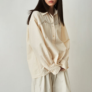 SAME FLOW 春秋季新款时尚重工珠片钉钻肌理感气质廓形落肩设计女长袖衬衫 米杏长袖 S