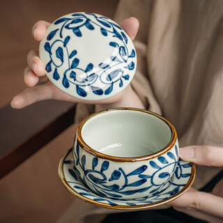Youcci blue gou teng exquisite hand-painted small stew pot, ceramic soup cup with lid, japanese steamed egg cup, special bird's nest bowl for one person, 3.5-inch small stew pot - blue gou teng
