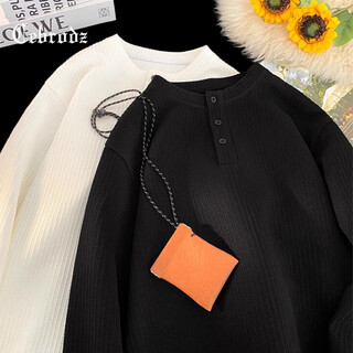 Cebrodz france long-sleeved t-shirt men's 2025 new boys casual loose textured bottoming shirt henry collar versatile sweatshirt black l