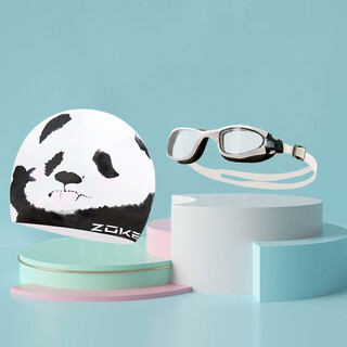 Zoke silicone swimming cap panda style adult waterproof hair care ear protection women's long hair does not strangle the head zoke swimming cap set black and white panda + swimming goggles