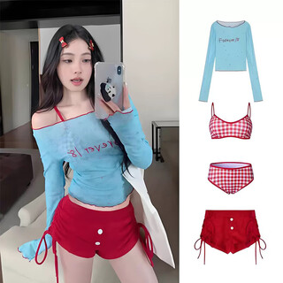 Nine-inch sunshine swimsuit women's four-piece set new dopamine split bikini pure desire long-sleeved blouse hot spring resort swimming red blue (four-piece set) one size (recommended weight 120jin jin is equal to 0.5kg)