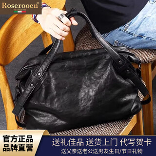 Roserooen men's handbag vegetable tanned first layer cowhide shoulder crossbody bag large capacity travel bag men's luxury men's bag black, birthday gift for boyfriend or husband 41*30*16cm