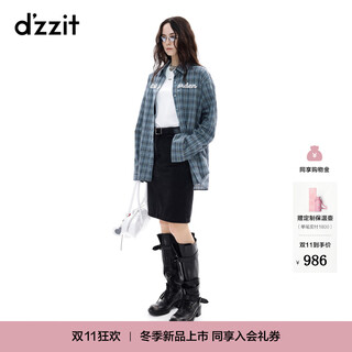 DZZIT地素长袖衬衫2025冬新款男友风宽松字母刺绣格纹上衣女3J4C4993T 深蓝色 XS