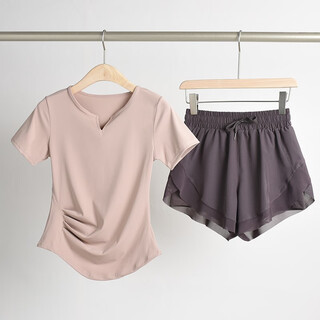 Gufansha yoga wear suit for women 2025 summer new internet celebrity running sports women's suit pilates training wear top trendy pink purple short sleeves + purple shorts s