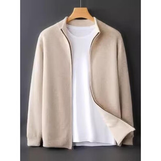 Ordos cashmere family thickened cashmere cardigan men's double-sided stand-up collar zipper knitted sweater outer produced in ordos beige + oatmeal color l