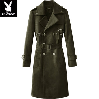 Playboy (playboy) Ретро замшевая ветровка Мужская весна и осень Новая мода Европейская красивая куртка средней длины с кисточками Мужская трендовая армейско-зеленая мужская s