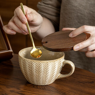 Youcci high-looking embossed ceramic cup oatmeal cup personalized kiln-turned mug retro cup coffee cup household water cup embossed breakfast cup - wheat ear yellow covered spoon