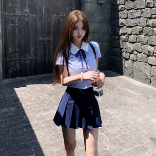 Lugeli jk uniform college style suit for women summer new small pure desire blue striped shirt pleated skirt three-piece set blue stripe + collar + navy skirt m
