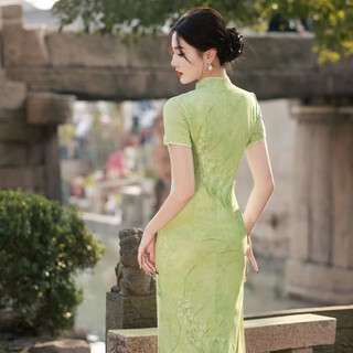 Feiyao cheongsam new chinese style long retro 2025 summer new style jiangnan suzhou travel photo daily improved dress green l
