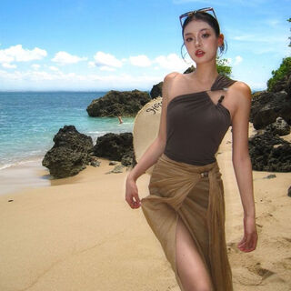 Half-grain swimsuit for women, noble and high-end two-piece slimming hot spring resort style swimsuit, brown swimsuit + mesh long skirt l