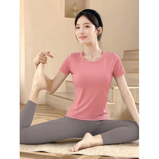 Shuangxiu yoga wear t-shirt for women 2025 new large size belly-covering short-sleeved pilates training sports suit fitness top withered rose pink top_with chest pad l_110-120jin jin equals 0.5 kg