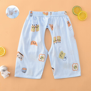 婴儿开裆七分裤宝宝7分睡裤家居夏季超薄款纯棉开裆裤 早餐面包蓝色 42 白色