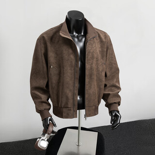 Jufeng maillard pu leather bomber jacket men's high-end handsome short coat american retro stand-up collar baseball uniform brown xl