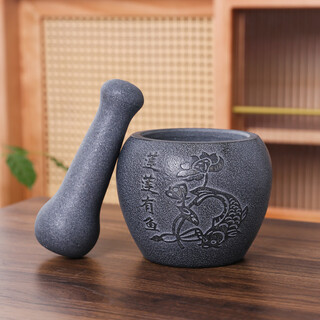 Yi yuanxuan household natural black gold garlic mortar, stone mortar, medicine jar, stone cup, garlic pounder, pair of wolei bowl, pepper mashing and grinding machine, black gold stone lotus, fish outer diameter 13cm