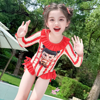 Bamaitu nezha swimsuit 2025 new children's nezha one-piece swimsuit for baby girls summer long-sleeved sun protection quick-drying swimming red nezha 90
