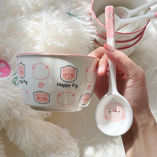 New underglaze color ceramic bowl and tableware set girly ins style ceramic bowl and spoon piglet two bowls two spoons