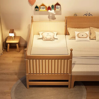 Hong richeng solid wood children's spliced bed, widened bed with guardrails, small bed, baby boy and girl single bed, seamless splicing large bed, cylindrical style - three-sided guardrails 150*60