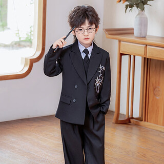 萝卜呗呗儿童西装男童礼服新中式中秋汉服唐装刺绣国风西服套装主持演出服 外套+衬衫+马甲+长裤+领带 130 建议体重45-54斤