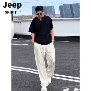Jeep spirit american henley collar polo shirt with short sleeves and drapey ice silk casual pants for boys, a cool and handsome outfit for spring and autumn, two-piece set, black short sleeves + off-white pants m
