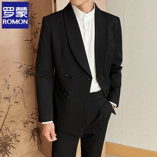 Romon new chinese-style buckle suit men's suit engagement groom wedding dress suit high-end green fruit collar banquet jacket black (single suit) xl