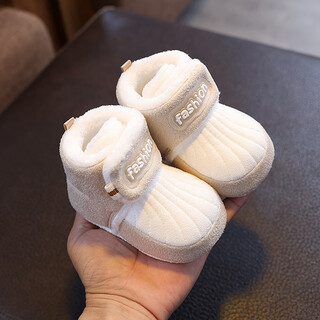 婴幼儿冬季棉鞋软底学步鞋男女宝宝保暖新生儿防掉0-1岁加绒加厚3 米色贝壳加绒棉鞋 11