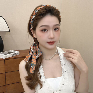 Hesi language retro printed palace flower ribbon headband tied with a hairband integrated fabric silk scarf braided hairband streamer headband orange