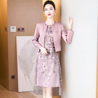 Zi mei qiao 2025 autumn and winter new mother's dress dress women's waist soft gauze slim slimming lace two-piece set jacket + short-sleeved skirt.. set 2xl (recommended 120-130 jin jin equals 0.5 kg)